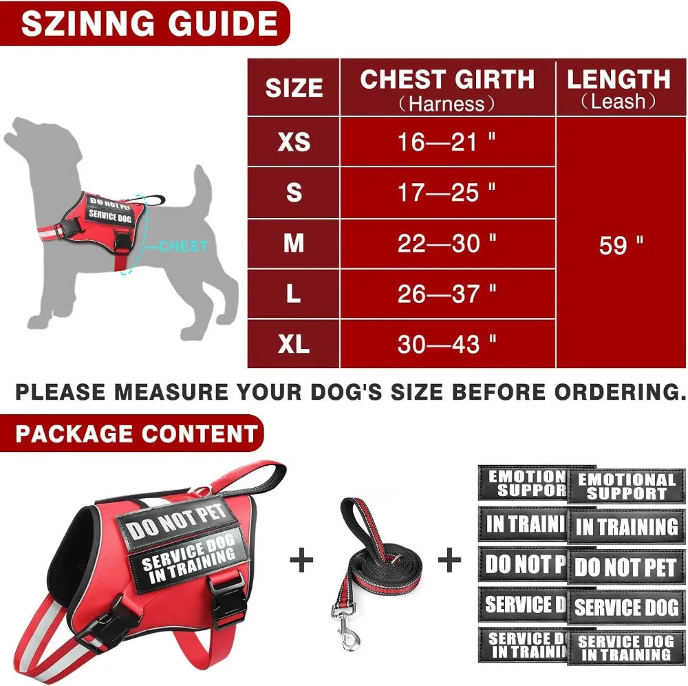 Service Dog Vest Harness and Leash Set with 10 Patches, No Pull Adjustable Reflective Dog Harness with Soft Padded Handle for Training, Fits S-XXL Dogs (Red M)