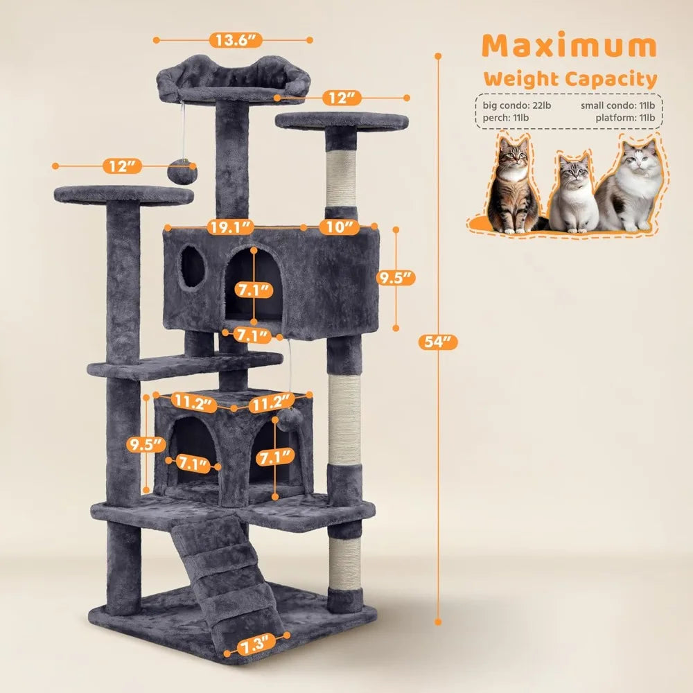 Yah 54in Cat Tree,Multi-Level Tower with Kitten-Ear Perch,2 Caves,Scratching Posts,Ladder,2 Plush Balls for Indoor Cats