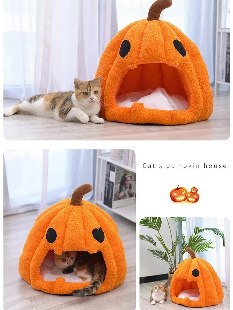 Autumn and Winter Warm Cat House Bed Cat and Dog House Pet Mat Pet Cave for Small Medium Dogs CatsHalloween Pumpkin Pet House