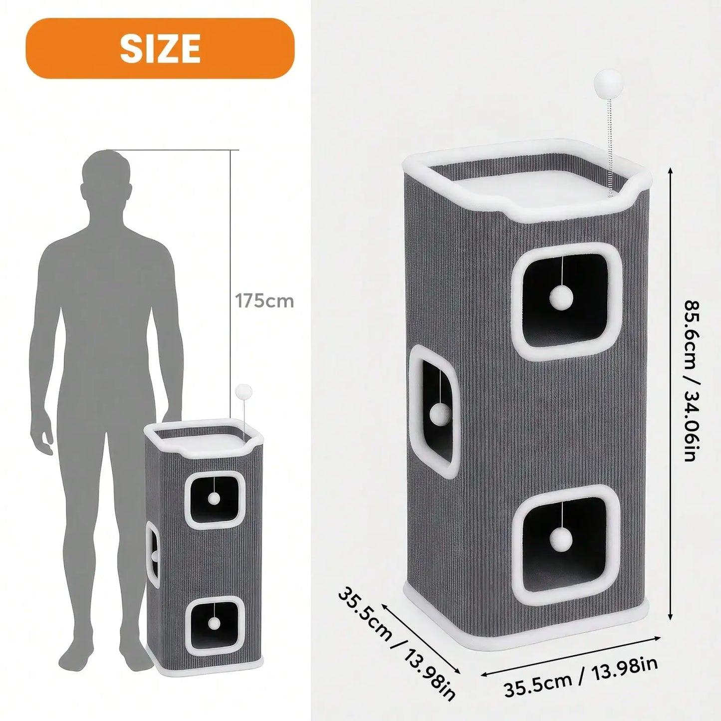 Foldable 3-Level Cat Tree | Deep Gray Polyester Cat Furniture With Interactive Hanging Toy, Cozy Soft Bed, Scratch-Resistant Des