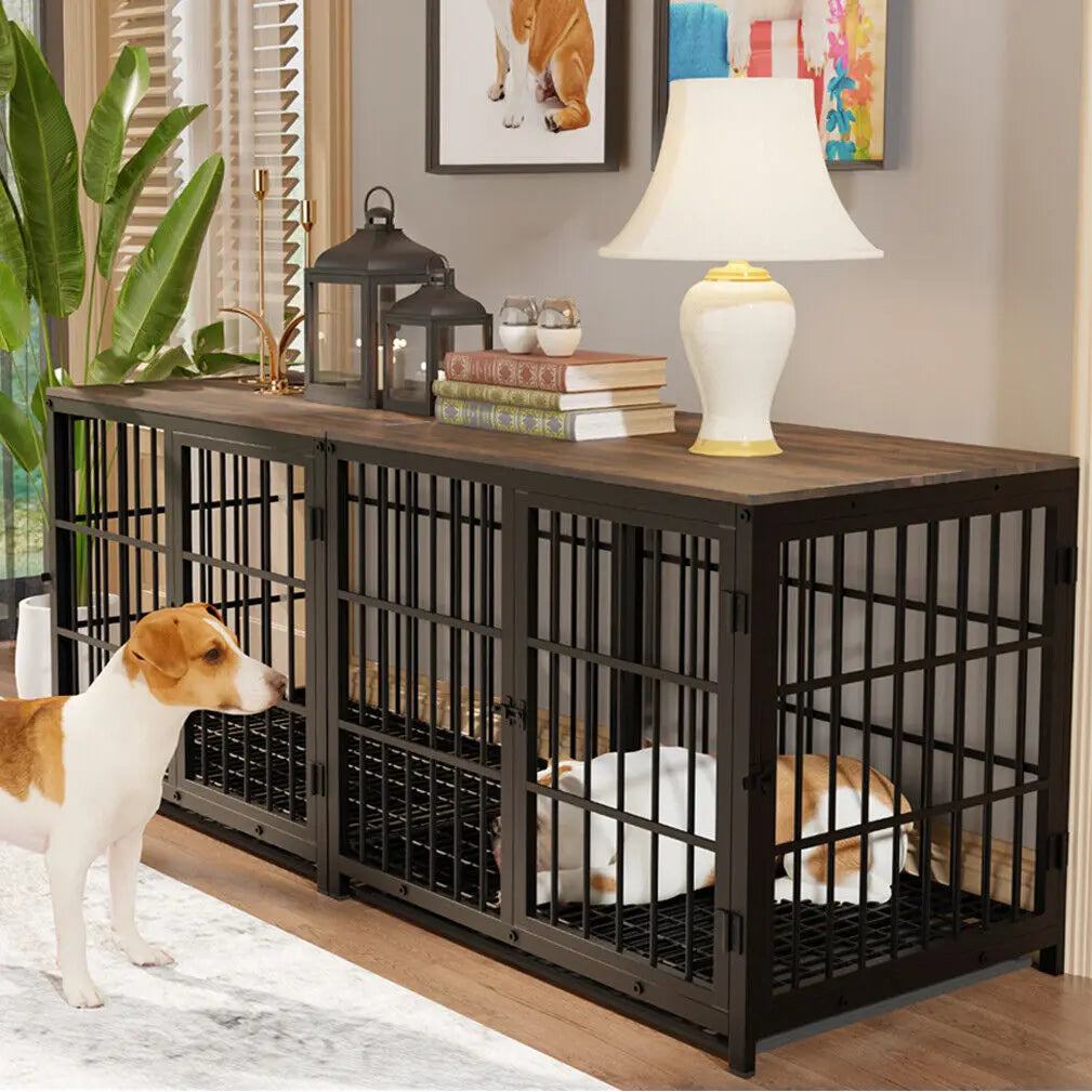 Furniture Style Dog Crate Metal and Wood Pet Kennel End Table with Three Doors and Removable Tray