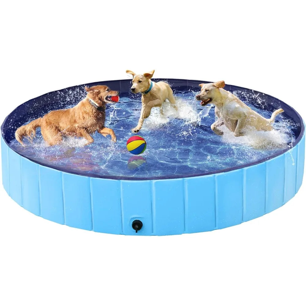 Yah 63"x12" Large Foldable Dog Pool – Collapsible Hard Plastic Pet Bath Tub, Scratch-Resistant – for Small to Large Dogs, Blue