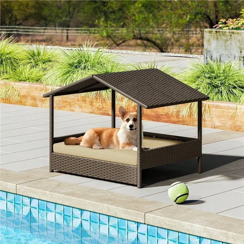 Dog House Dog Kennel OutdoorRattan Dog House Outdoor Pet House Raised Dog Bed With Foam Cushion Canopy Outdoor Elevated Pet Bed