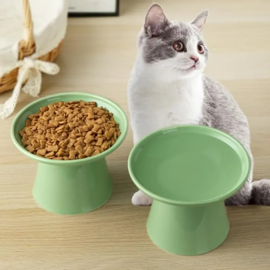 6.2 Inch Extra Wide Elevated Ceramic Cat Bowls, Food and Water Bowl Set for Elder Big Cats Small Dogs, Raised Design for Pet Ea