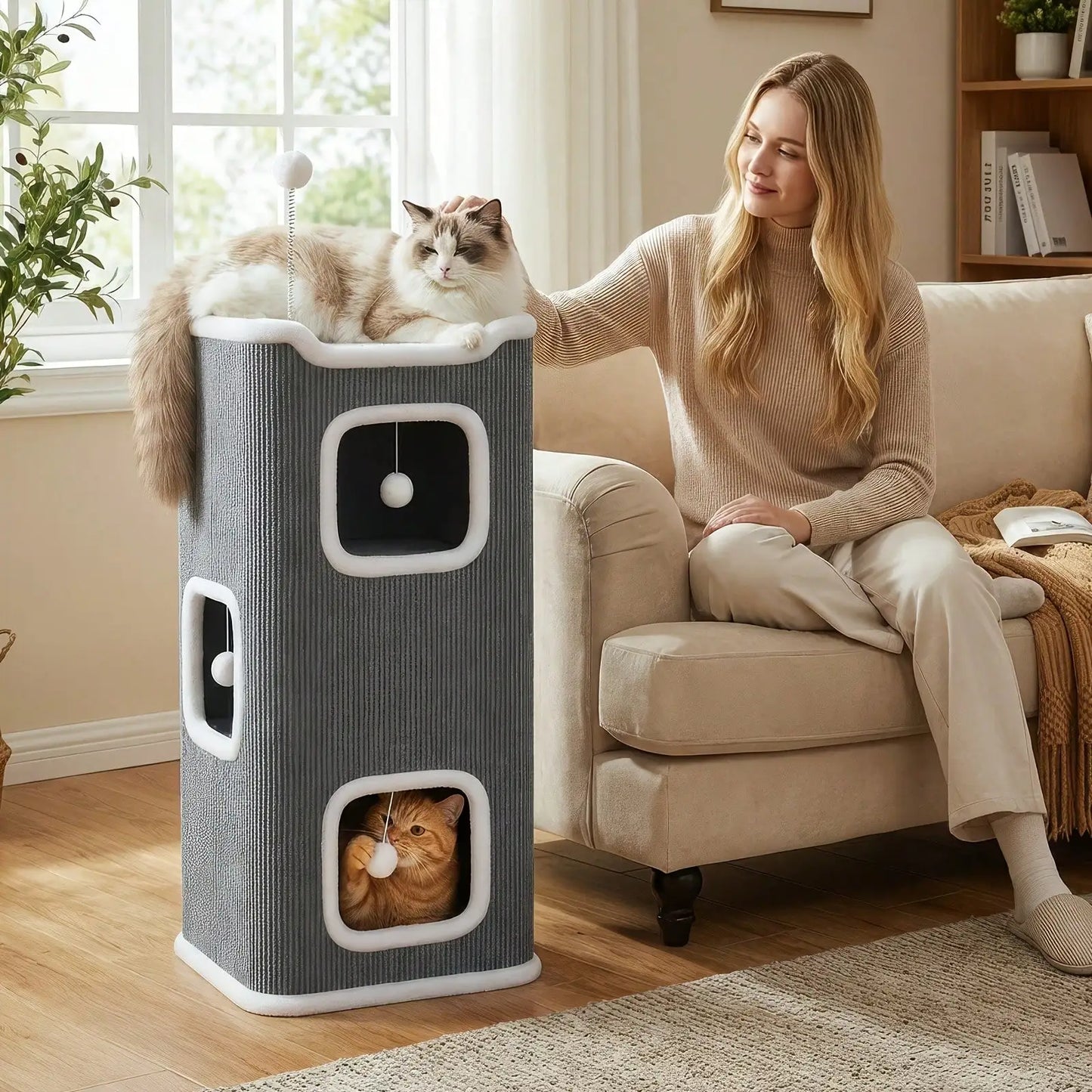 Foldable 3-Level Cat Tree | Deep Gray Polyester Cat Furniture With Interactive Hanging Toy, Cozy Soft Bed, Scratch-Resistant Des