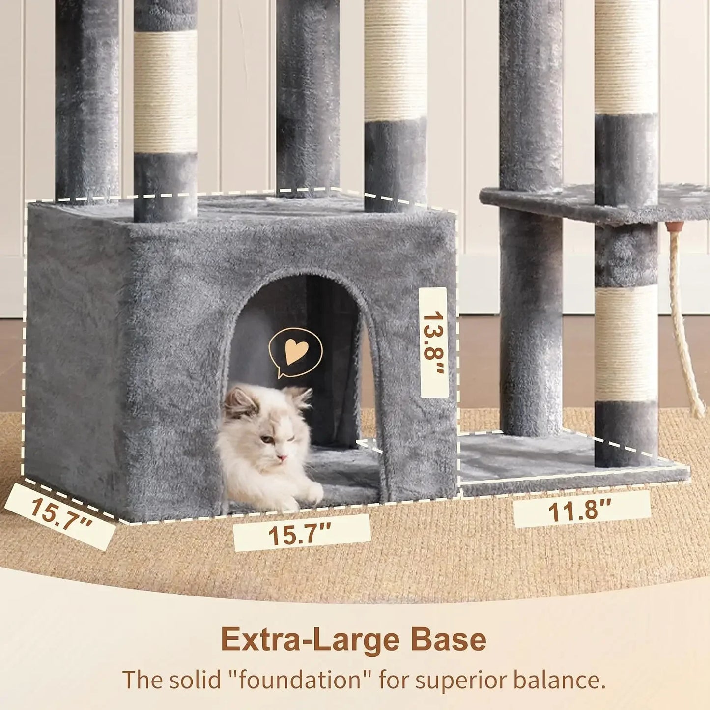 Heavy Duty Cat Tree for Large Cats, Tall Cat Condo with Extra-Large Base, Multi-Level Plush Furniture, Scratching Posts, Hammock, Toy Balls, Light Gray
