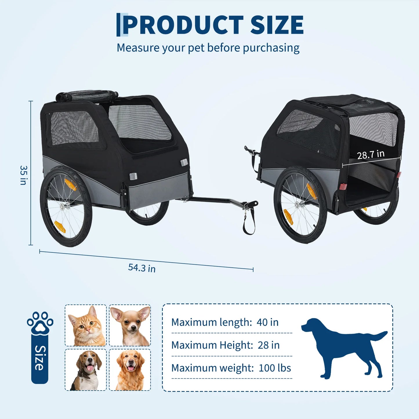 Foldable Dog Bike Trailer, Heavy Duty Steel Frame Pet Bike Carrier, 100 LBS Capacity Oxford Fabric Dog Carrier Bicycle Trailer with Mesh Window Reflectors for Medium Large Dogs & Cats, Black