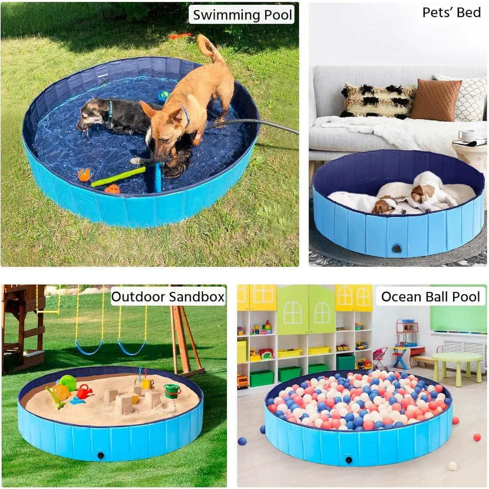 Yah 63"x12" Large Foldable Dog Pool – Collapsible Hard Plastic Pet Bath Tub, Scratch-Resistant – for Small to Large Dogs, Blue