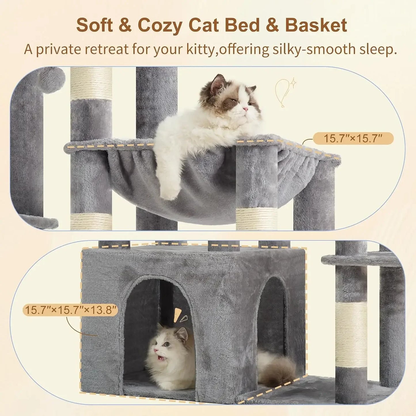 Heavy Duty Cat Tree for Large Cats, Tall Cat Condo with Extra-Large Base, Multi-Level Plush Furniture, Scratching Posts, Hammock, Toy Balls, Light Gray