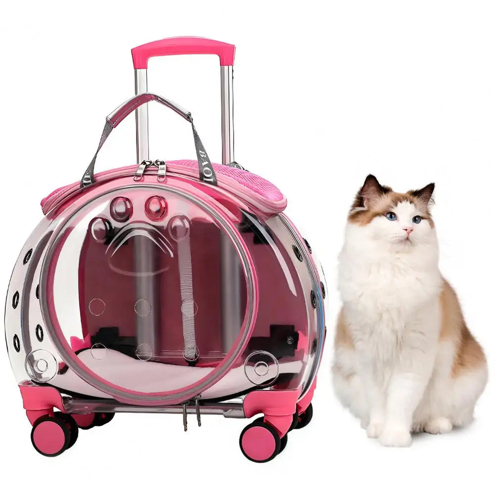 Pet Trolley Case, Portable Transparent Cat Bag Multifunctional Pet Backpack, Pink Outing Bag Pet Carrier