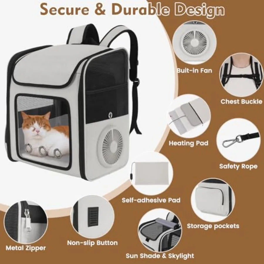 Cat Backpack Carrier with Cooling Fan Heating Pad, Expandable Breathable Pet Backpack for Cats Small Dogs, Travel Carrier for H