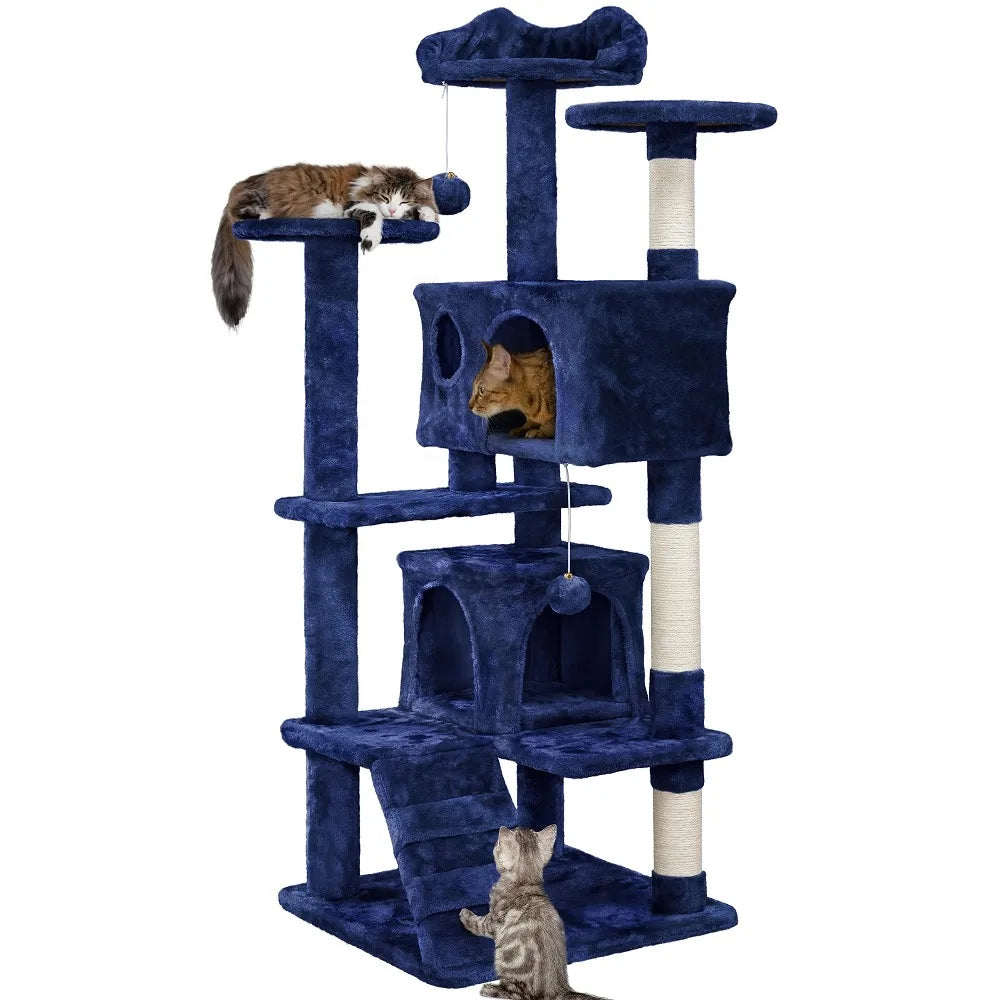 Yah 54in Cat Tree,Multi-Level Tower with Kitten-Ear Perch,2 Caves,Scratching Posts,Ladder,2 Plush Balls for Indoor Cats