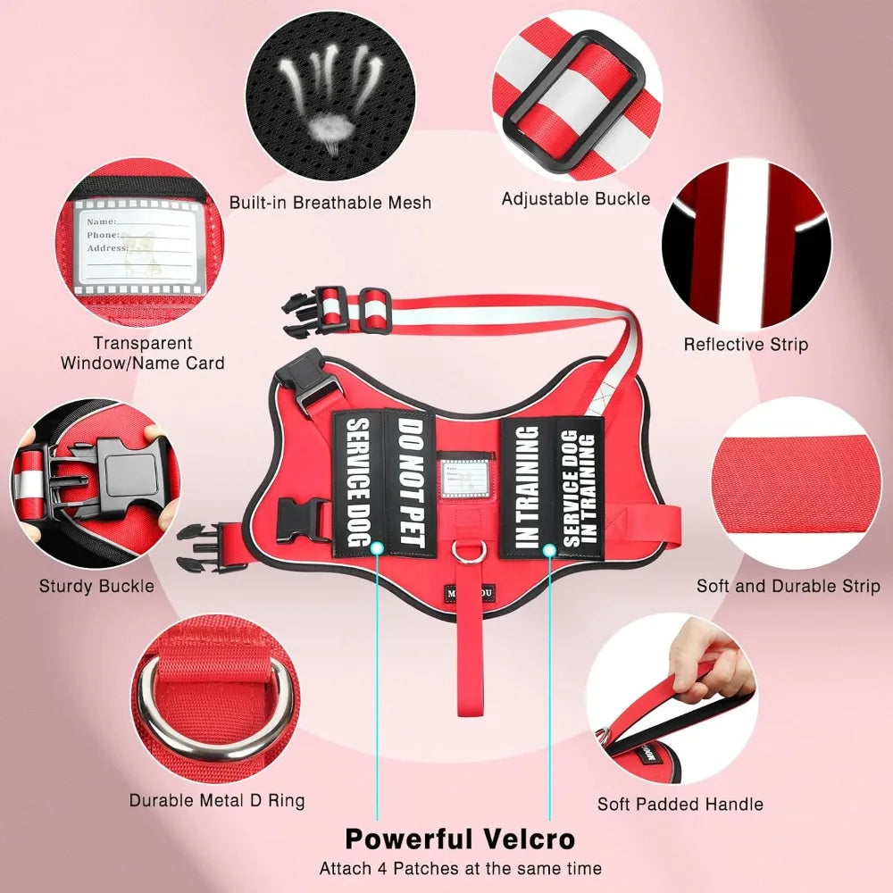 Service Dog Vest Harness and Leash Set with 10 Patches, No Pull Adjustable Reflective Dog Harness with Soft Padded Handle for Training, Fits S-XXL Dogs (Red M)