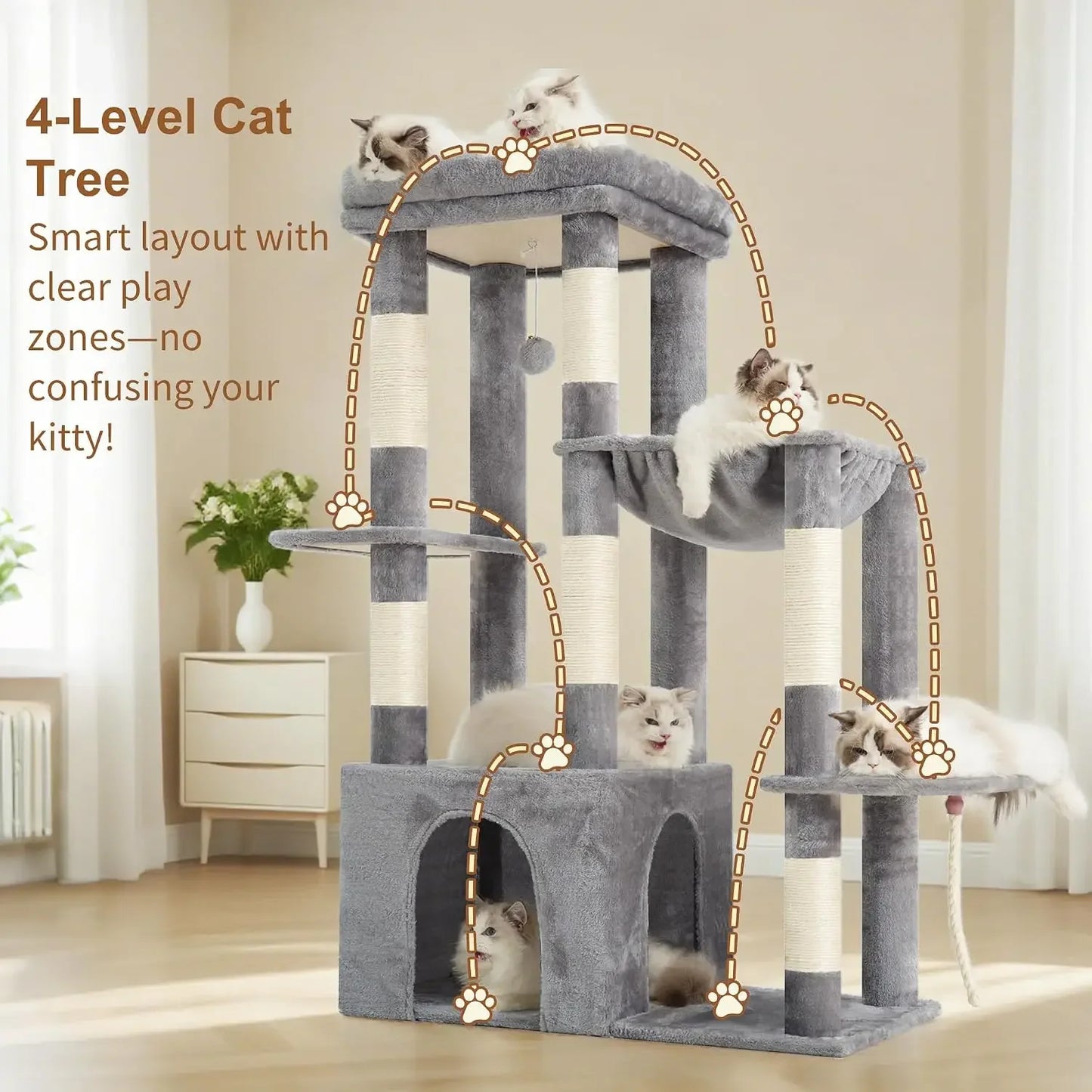 Heavy Duty Cat Tree for Large Cats, Tall Cat Condo with Extra-Large Base, Multi-Level Plush Furniture, Scratching Posts, Hammock, Toy Balls, Light Gray