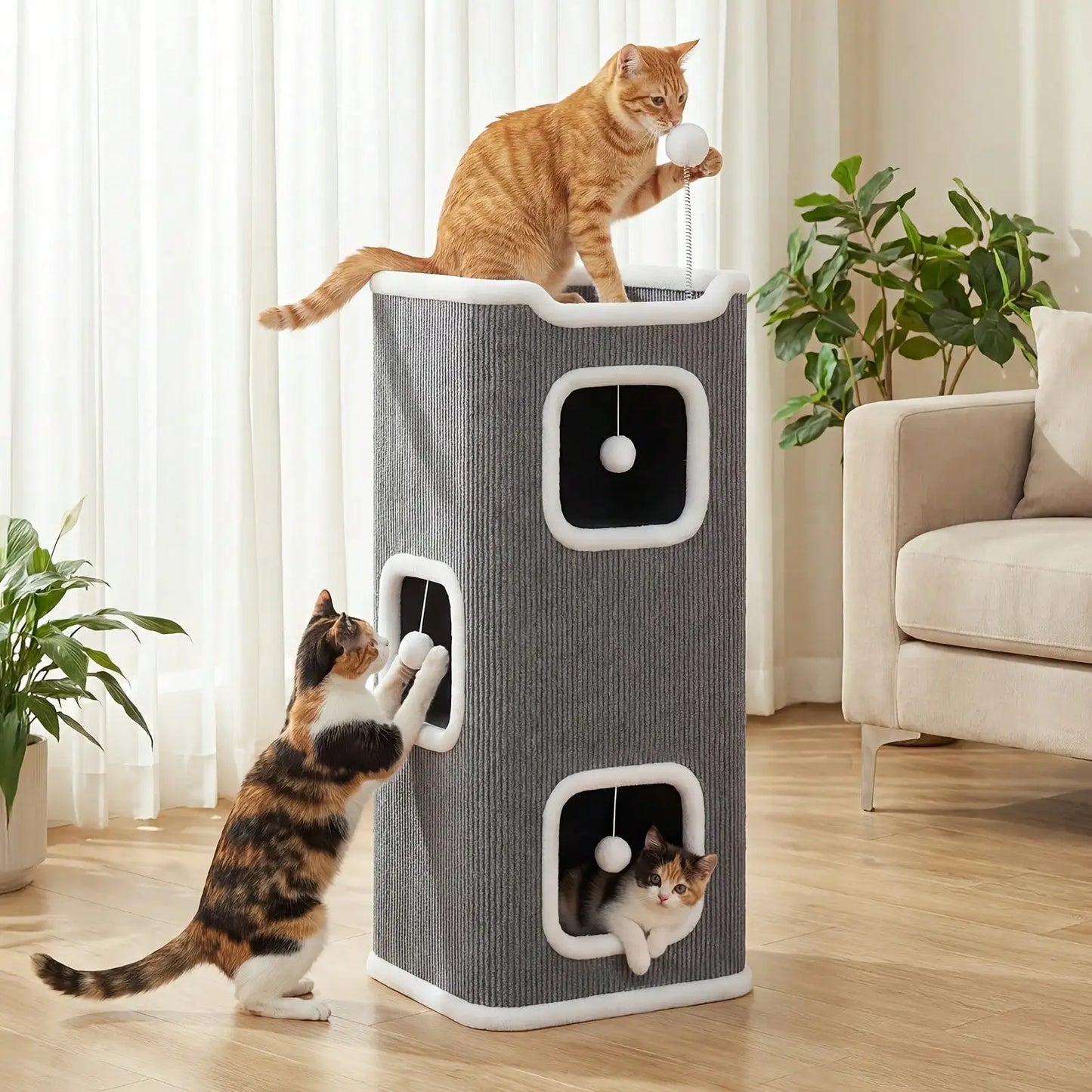 Foldable 3-Level Cat Tree | Deep Gray Polyester Cat Furniture With Interactive Hanging Toy, Cozy Soft Bed, Scratch-Resistant Des
