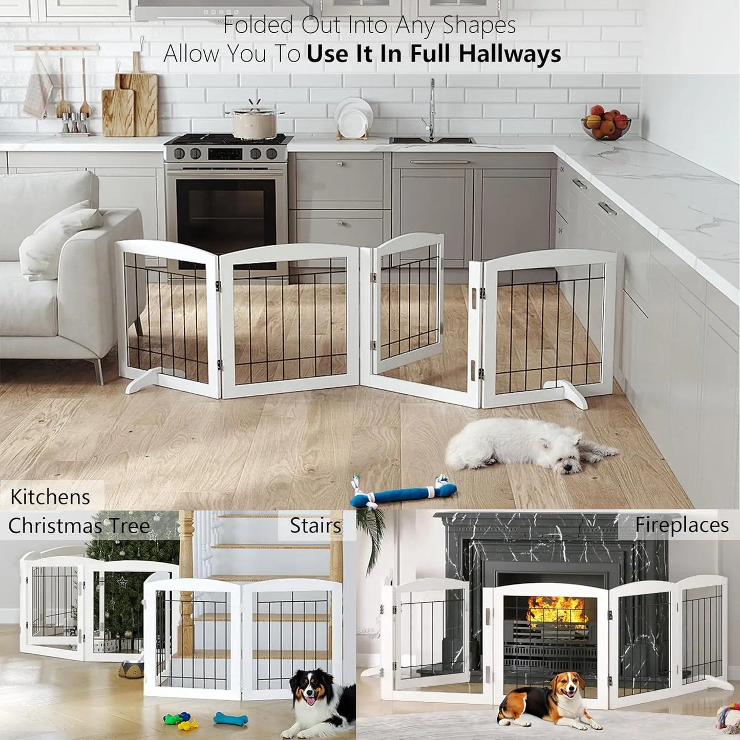Foldable Wooden Dog Gate for Stairs, Doorways, Indoor Use, 60"W x 24"H, 3 Panels, White