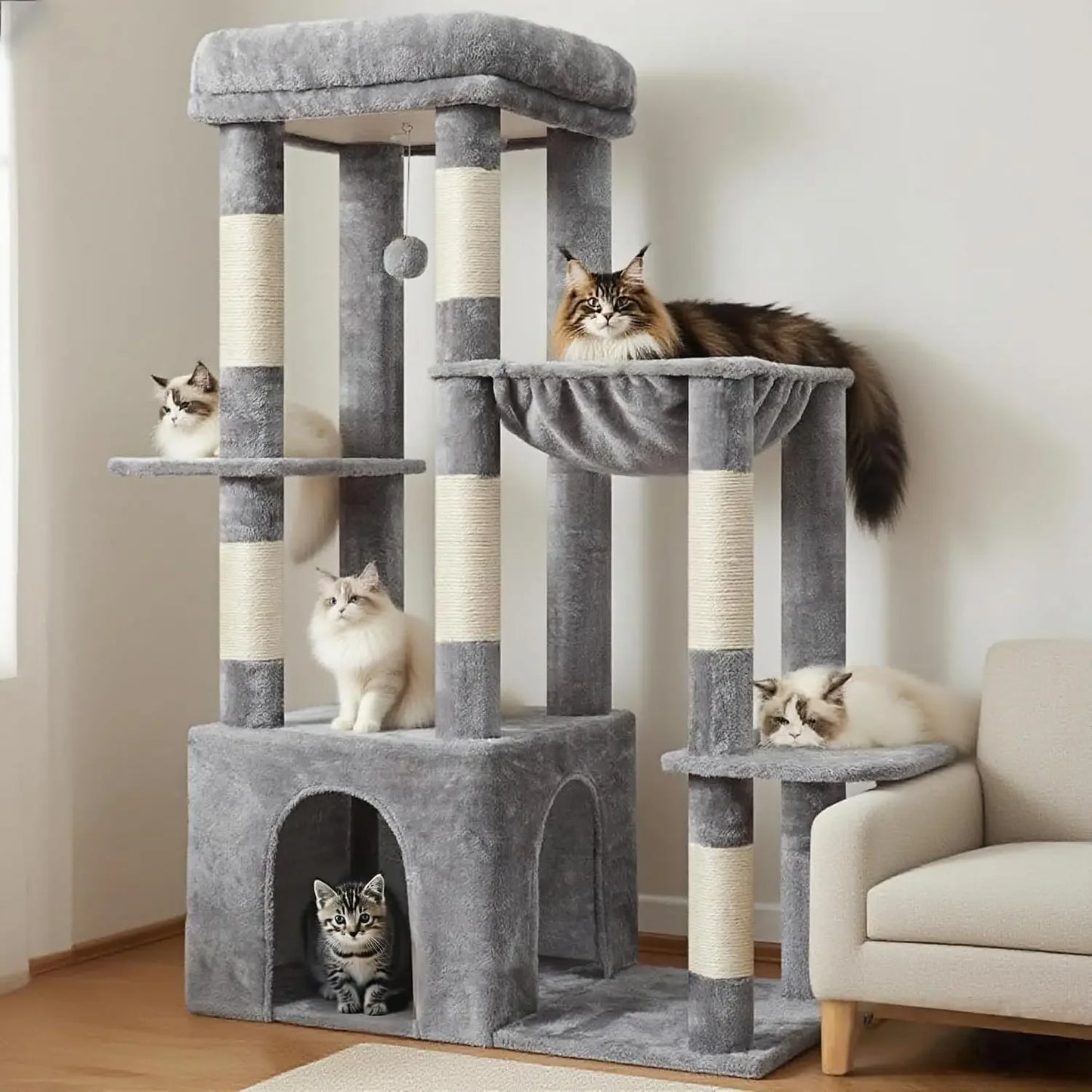 Heavy Duty Cat Tree for Large Cats, Tall Cat Condo with Extra-Large Base, Multi-Level Plush Furniture, Scratching Posts, Hammock, Toy Balls, Light Gray