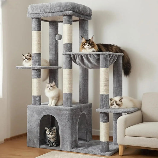 Heavy Duty Cat Tree for Large Cats, Tall Cat Condo with Extra-Large Base, Multi-Level Plush Furniture, Scratching Posts, Hammock, Toy Balls, Light Gray