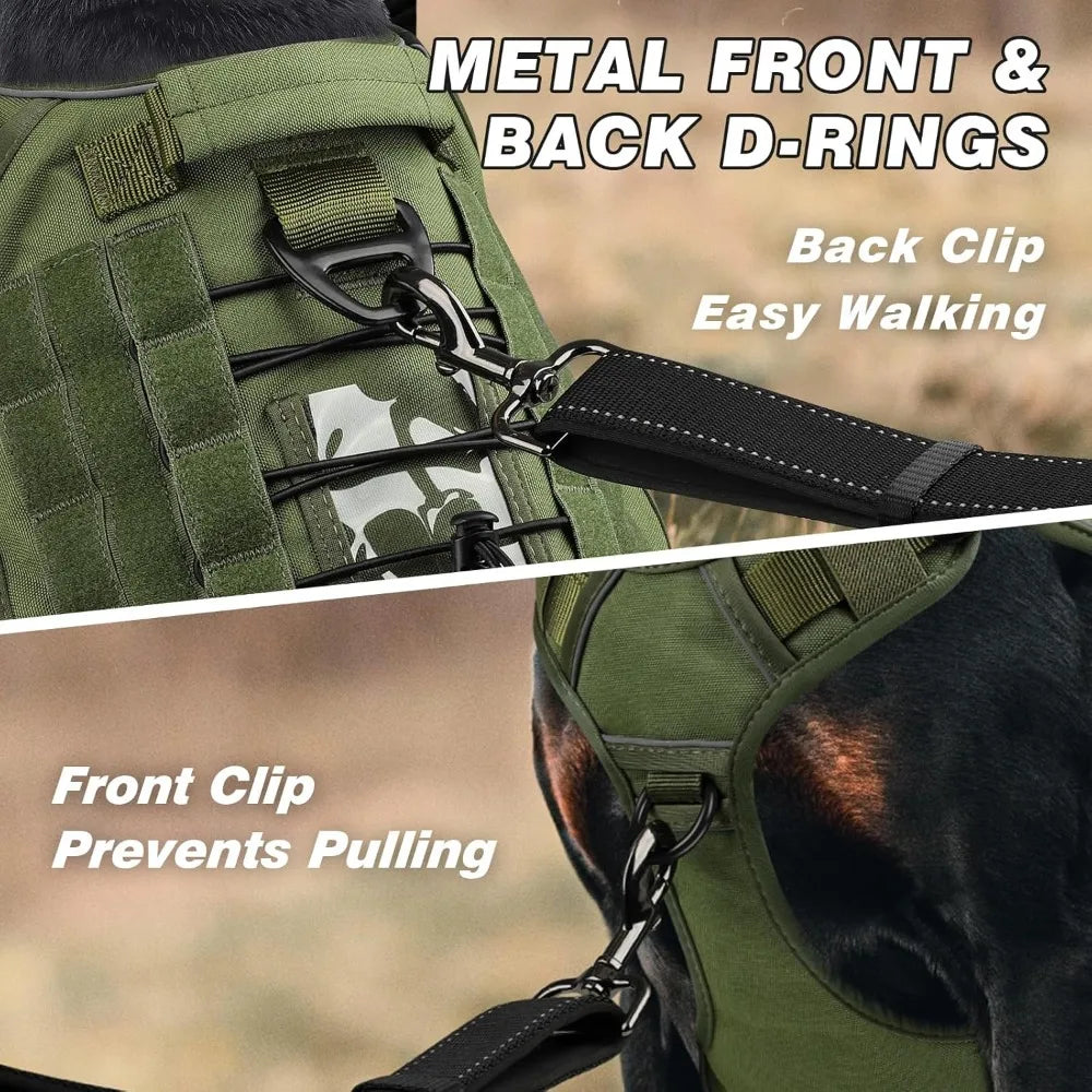 Tactical Dog Harness for Large Dogs, Heavy Duty No Pull with Handle, Reflective Military K9 Vest for Walking Training Hunting, Green, L