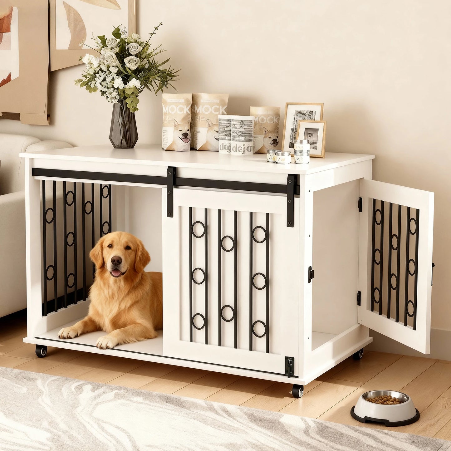 Modern Wooden Dog Crate Furniture End Table with Sliding Barn Door & Side Access, White Pet Kennel with Metal Bars & Lockable Wheels for Small Medium Dogs
