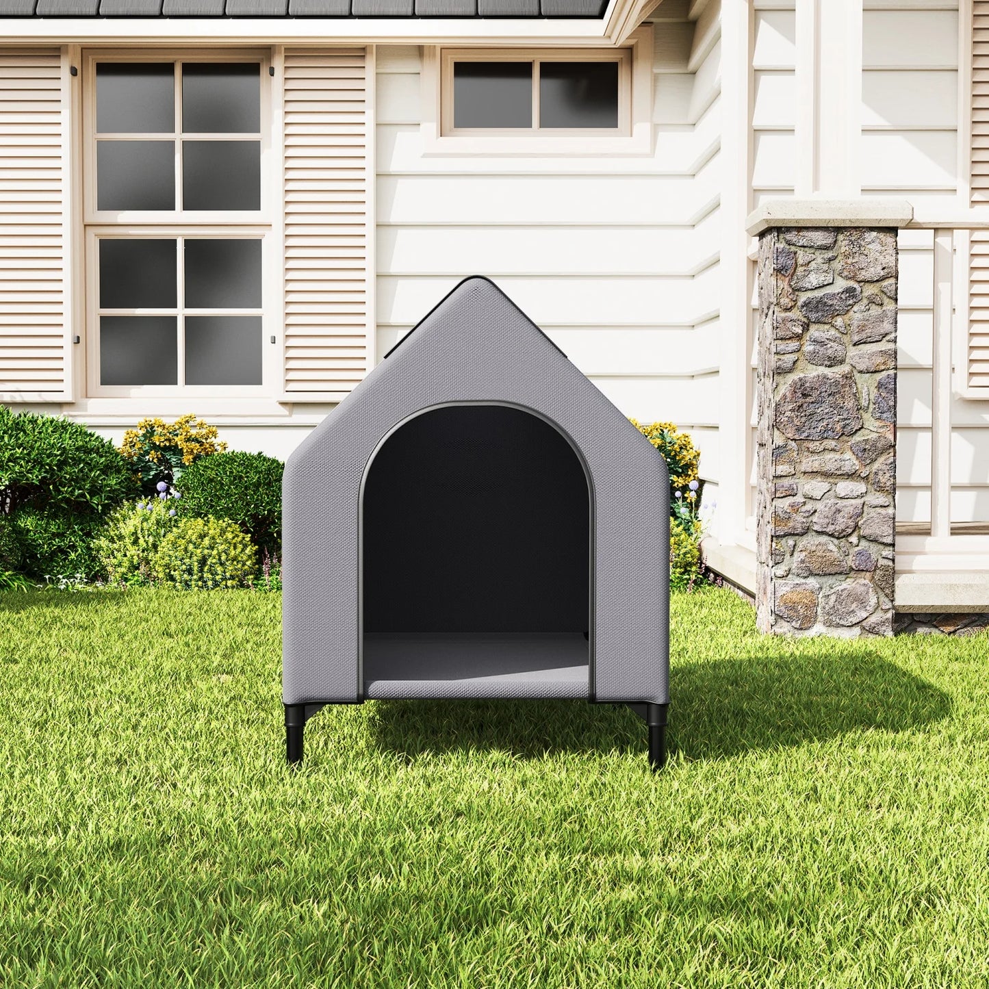 Weatherproof Elevated Dog House, 600D Oxford Breathable Outdoor Dog Tent Shelter with Mesh Bed, Sturdy Metal Frame Pet Kennel for Medium Dogs, Indoor/Outdoor Use