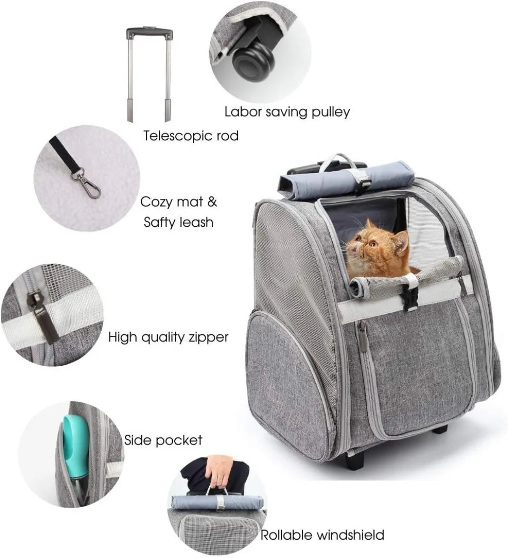 Pet Rolling Carrier, Dog Backpack with Wheels, Travel Bag for Cats and Puppies, Trolley (Grey)