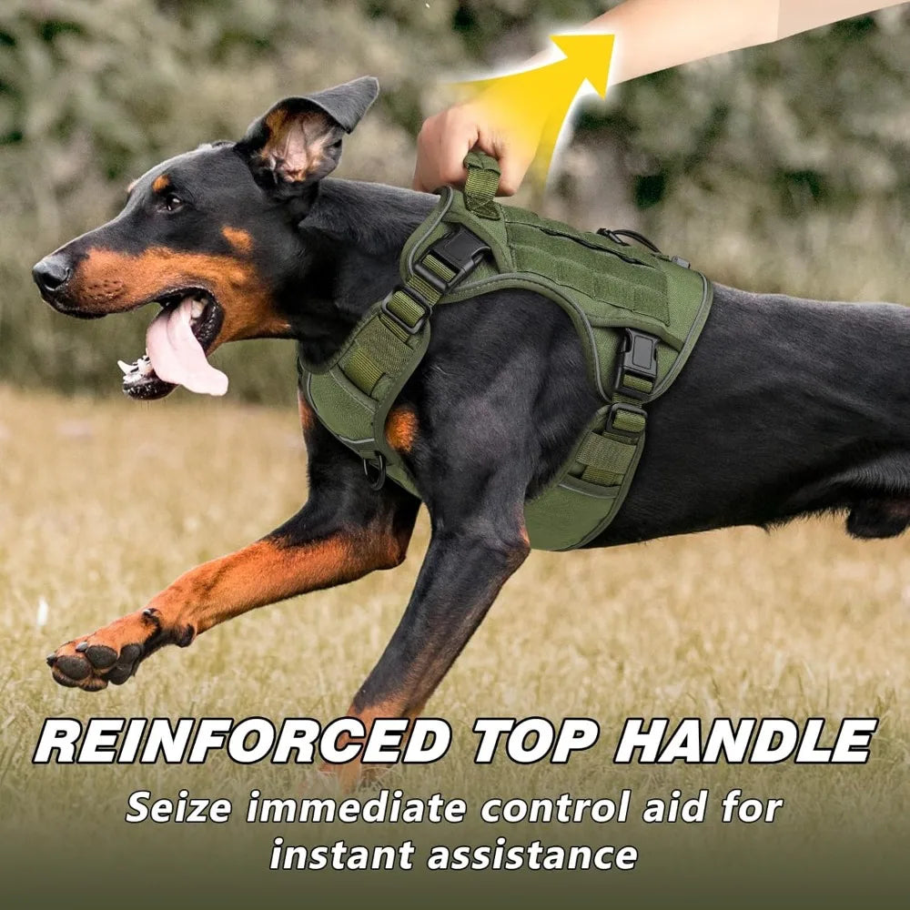 Tactical Dog Harness for Large Dogs, Heavy Duty No Pull with Handle, Reflective Military K9 Vest for Walking Training Hunting, Green, L