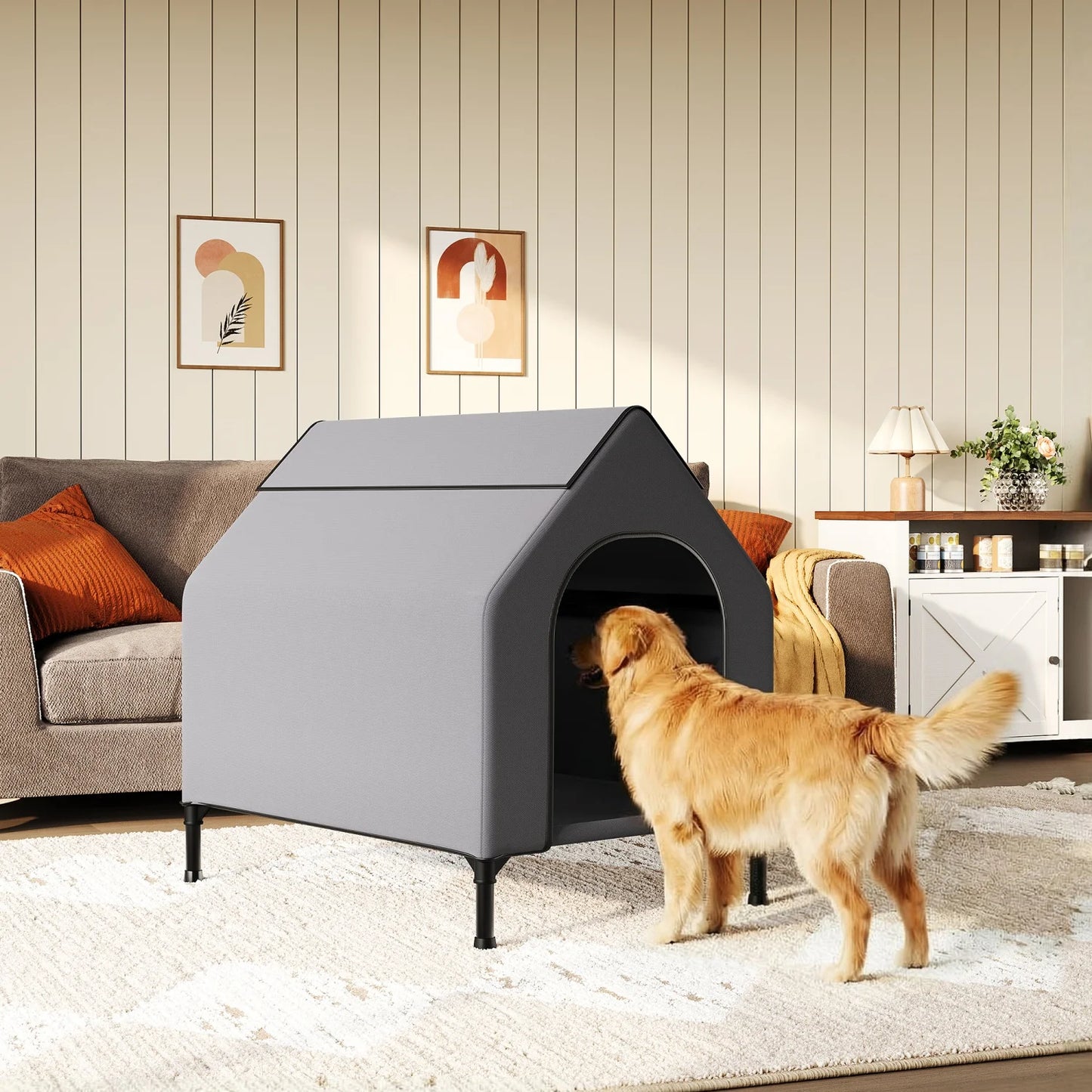 Weatherproof Elevated Dog House, 600D Oxford Breathable Outdoor Dog Tent Shelter with Mesh Bed, Sturdy Metal Frame Pet Kennel for Medium Dogs, Indoor/Outdoor Use