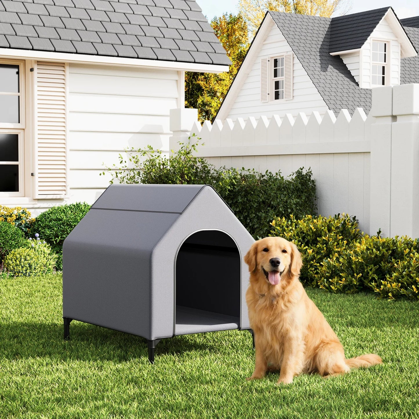 Weatherproof Elevated Dog House, 600D Oxford Breathable Outdoor Dog Tent Shelter with Mesh Bed, Sturdy Metal Frame Pet Kennel for Medium Dogs, Indoor/Outdoor Use