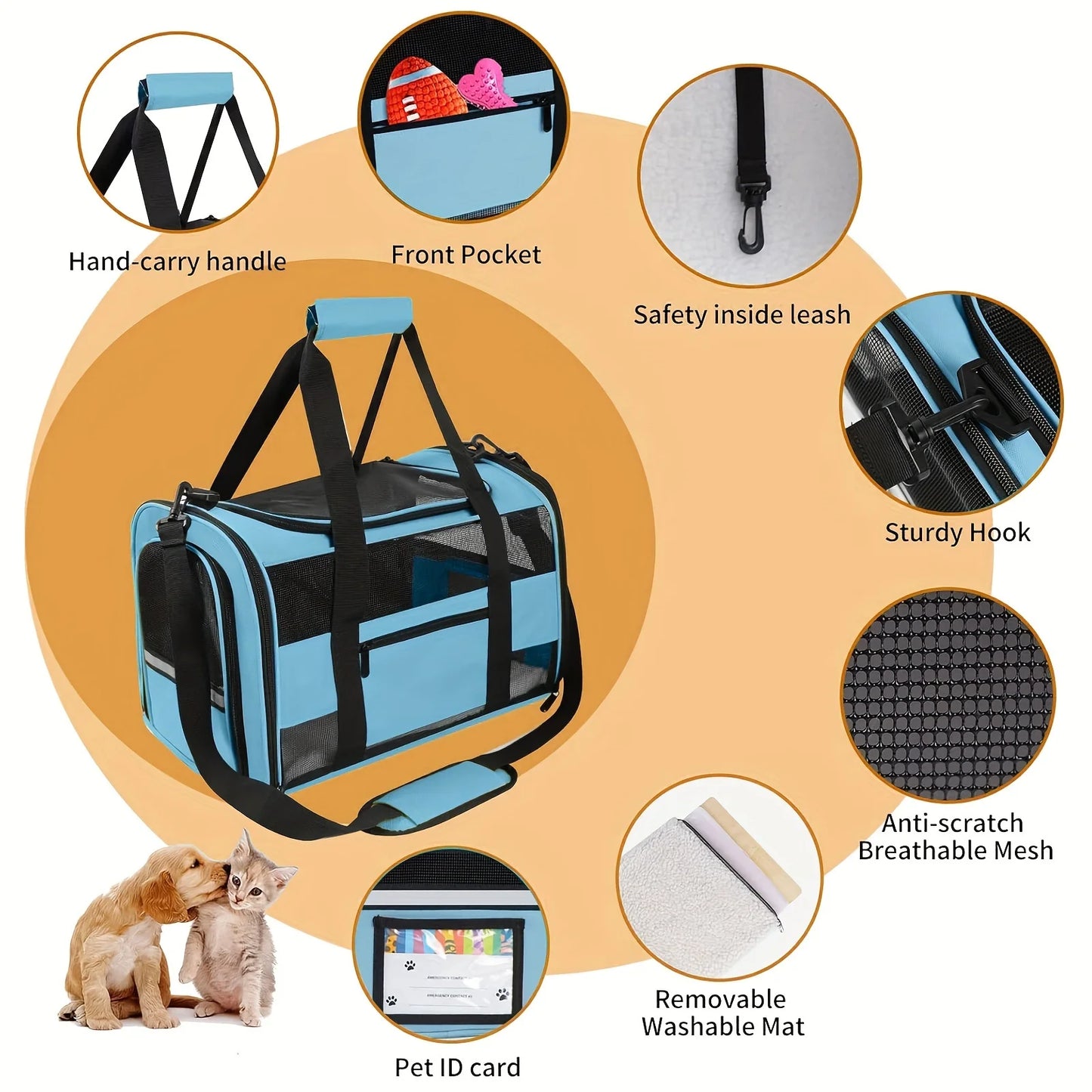 TSA Airline Approved Collapsible Soft-Sided Cat & Dog Carrier - Cozy Fleece Pet Travel Bag with Foldable Bowl, Mesh Ventilation Windows, Safety Zippers, Shoulder/Carry Strap & ID Holder - Carrier for Small/Medium Puppies & Ca