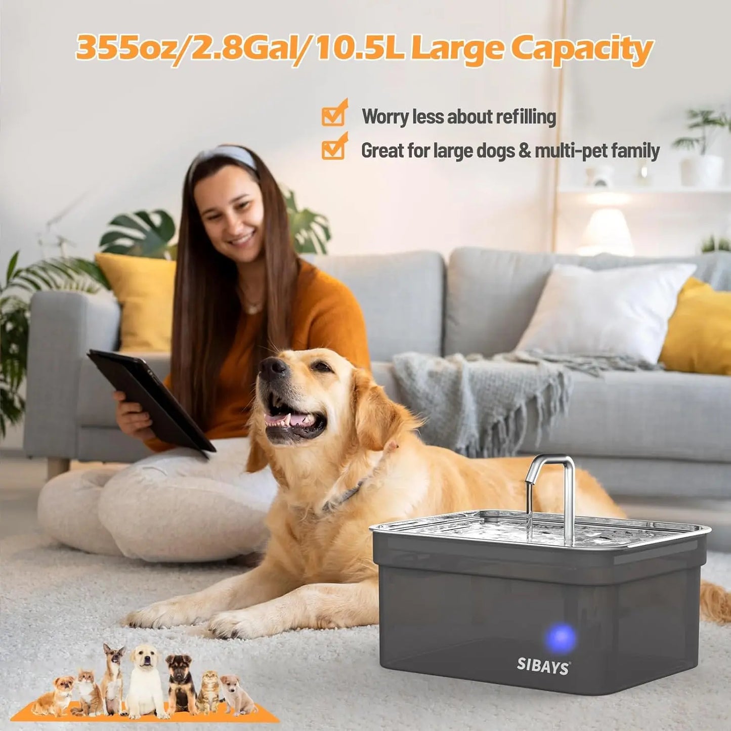 Large Capacity Automatic Pet Water Fountain with Stainless Steel Bowl, Easy Clean BPA-Free for Dogs and Cats