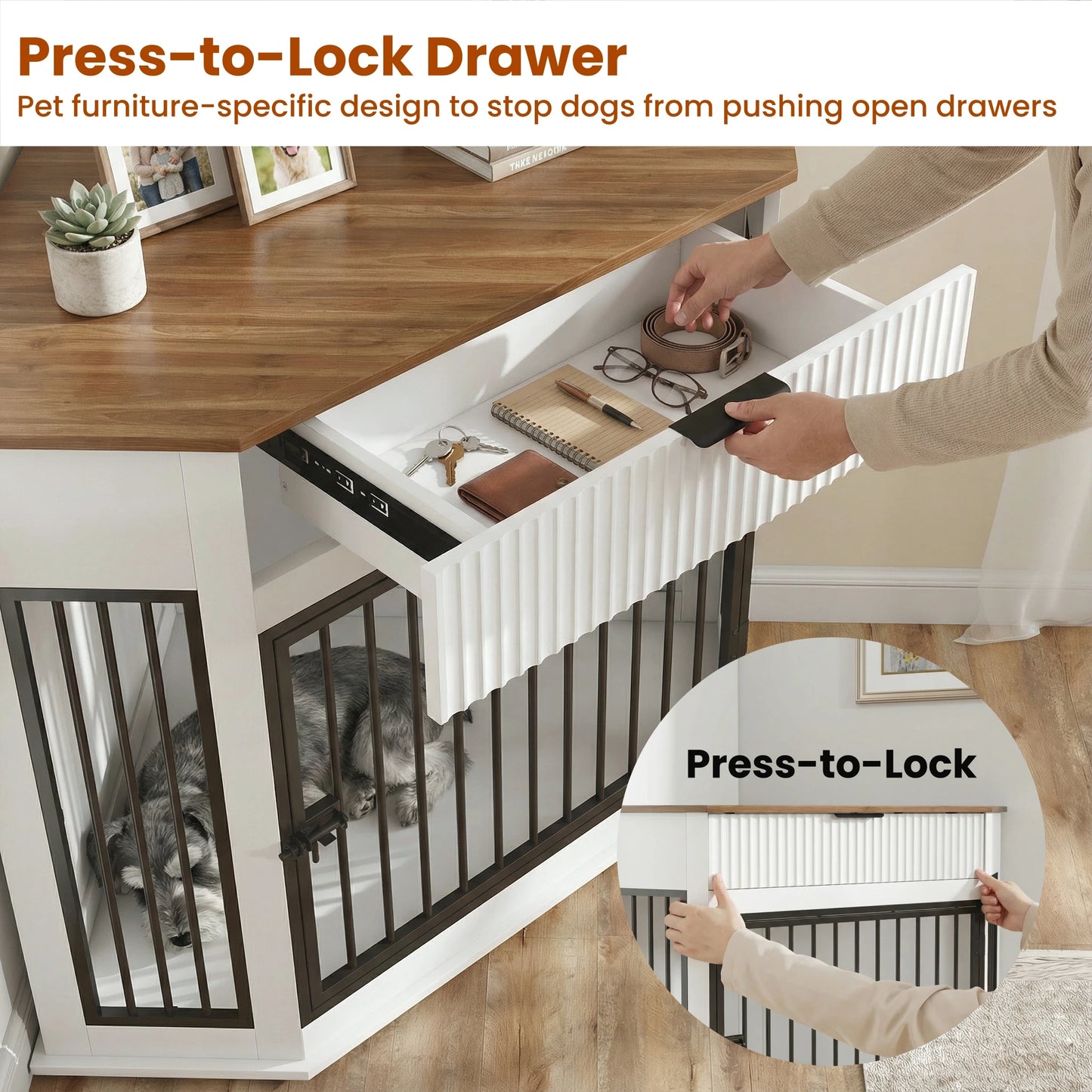44.6'' Corner Dog Crate Furniture with Fluted Storage Drawer,Wooden Dog Kennel End Table for TV Stand,Decorative Pet Crate