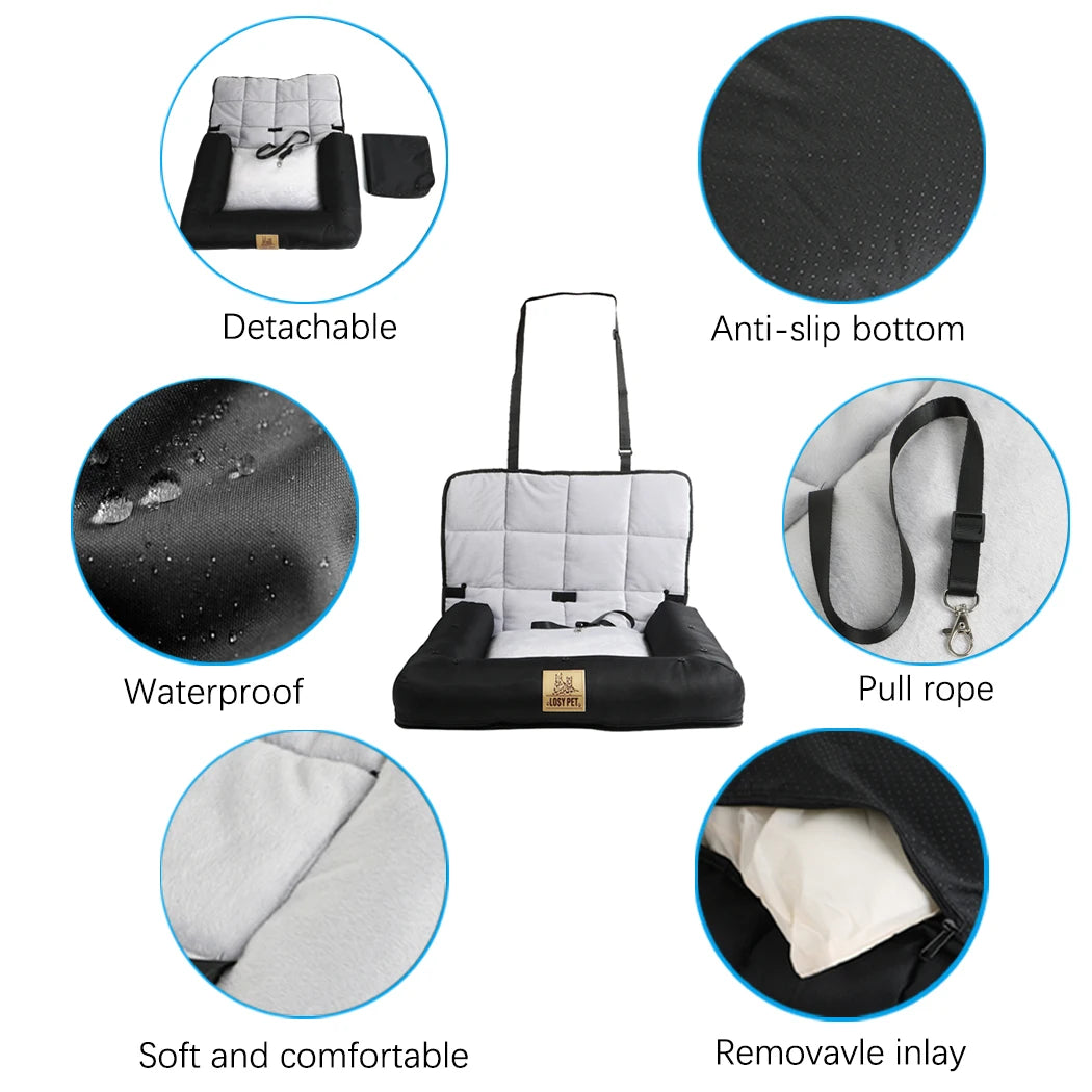 Waterproof Pet Seat Pad for Car Home Use - Removable Cover Dog Cat Cushion Bed Mat with Safety Belt for Front Seat