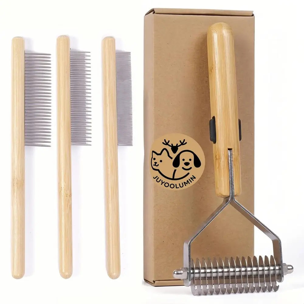 Pet Grooming Kit for Medium to Long Haired Cats & Dogs, 4-in-1 Dematting Comb Set with Undercoat Rake, Detangling & Deshedding T