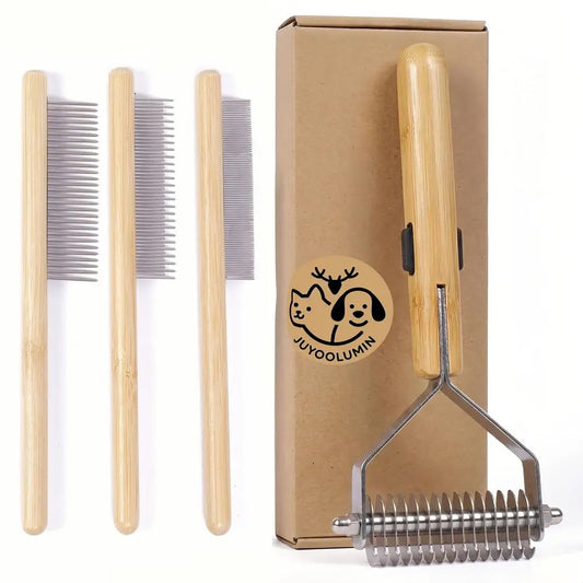 Pet Grooming Kit for Medium to Long Haired Cats & Dogs, 4-in-1 Dematting Comb Set with Undercoat Rake, Detangling & Deshedding T