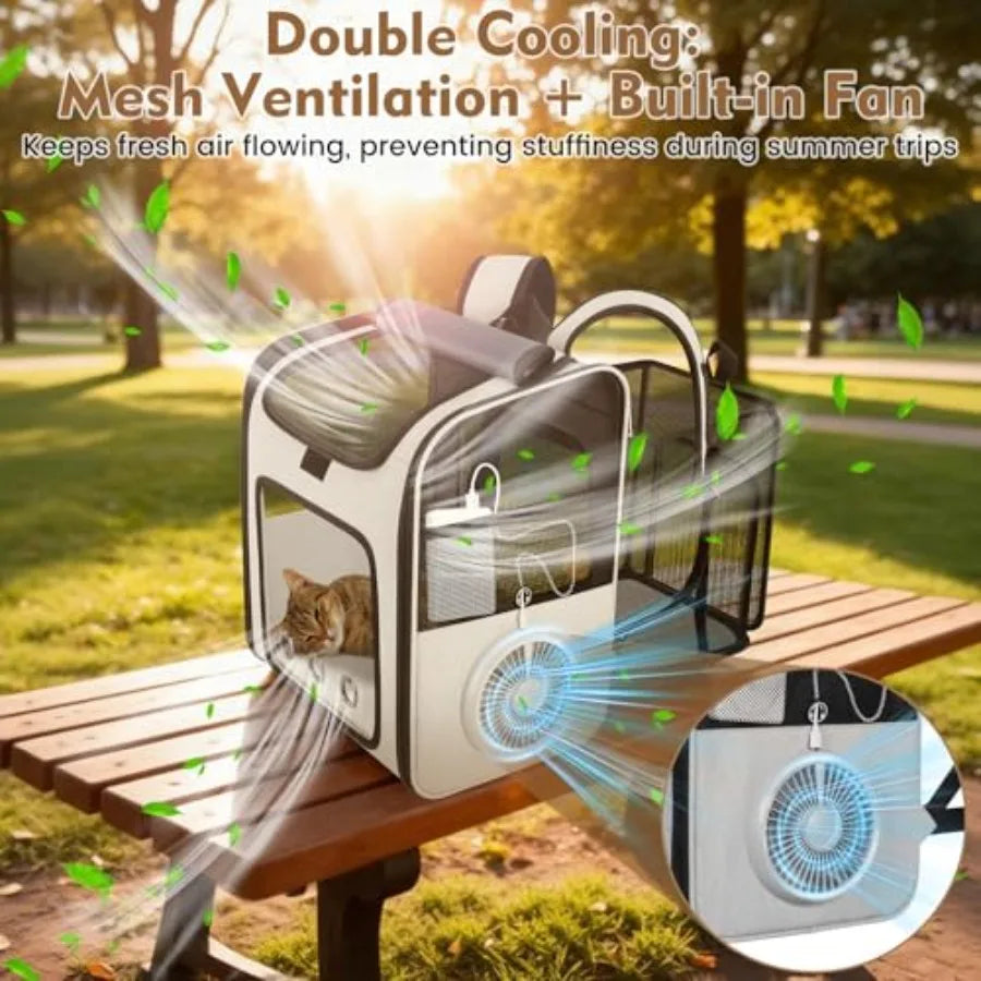 Cat Backpack Carrier with Cooling Fan Heating Pad, Expandable Breathable Pet Backpack for Cats Small Dogs, Travel Carrier for H