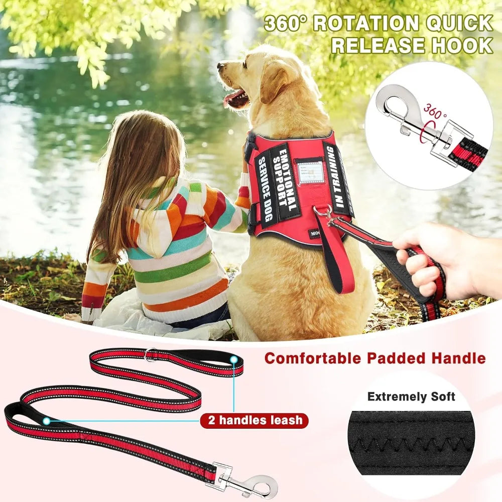 Service Dog Vest Harness and Leash Set with 10 Patches, No Pull Adjustable Reflective Dog Harness with Soft Padded Handle for Training, Fits S-XXL Dogs (Red M)