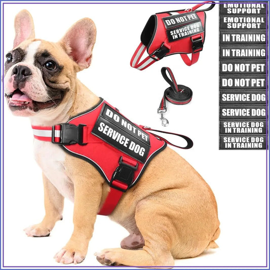 Service Dog Vest Harness and Leash Set with 10 Patches, No Pull Adjustable Reflective Dog Harness with Soft Padded Handle for Training, Fits S-XXL Dogs (Red M)