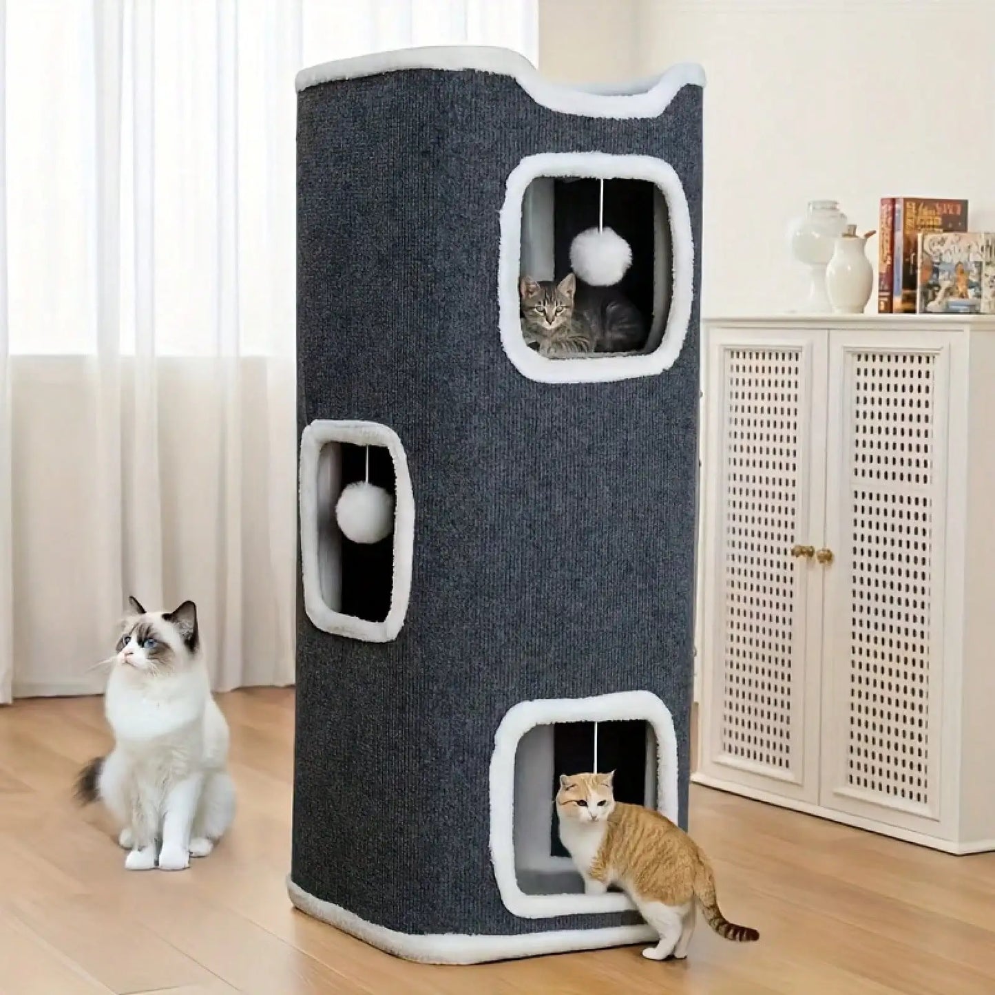 Foldable 3-Level Cat Tree | Deep Gray Polyester Cat Furniture With Interactive Hanging Toy, Cozy Soft Bed, Scratch-Resistant Des