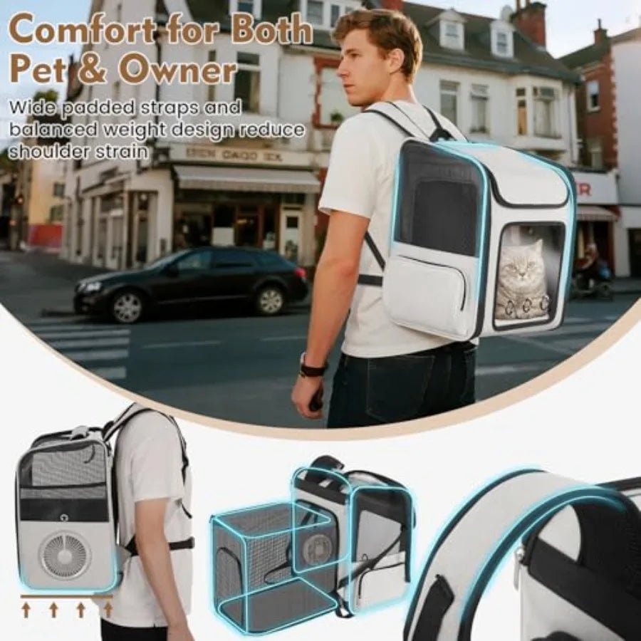 Cat Backpack Carrier with Cooling Fan Heating Pad, Expandable Breathable Pet Backpack for Cats Small Dogs, Travel Carrier for H