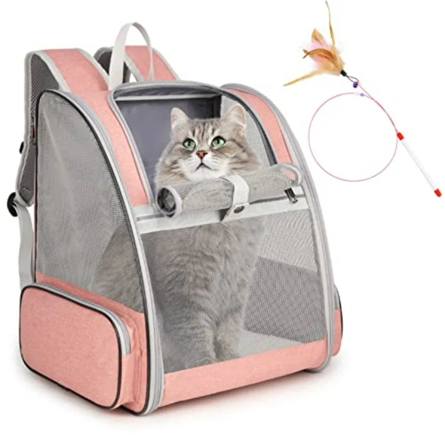 Cat Backpack Carrier, Large Pet Carrier Backpack with Kitten Wand Feather Toy for Medium Small Dog Cat Puppy Kitty Bunny up to