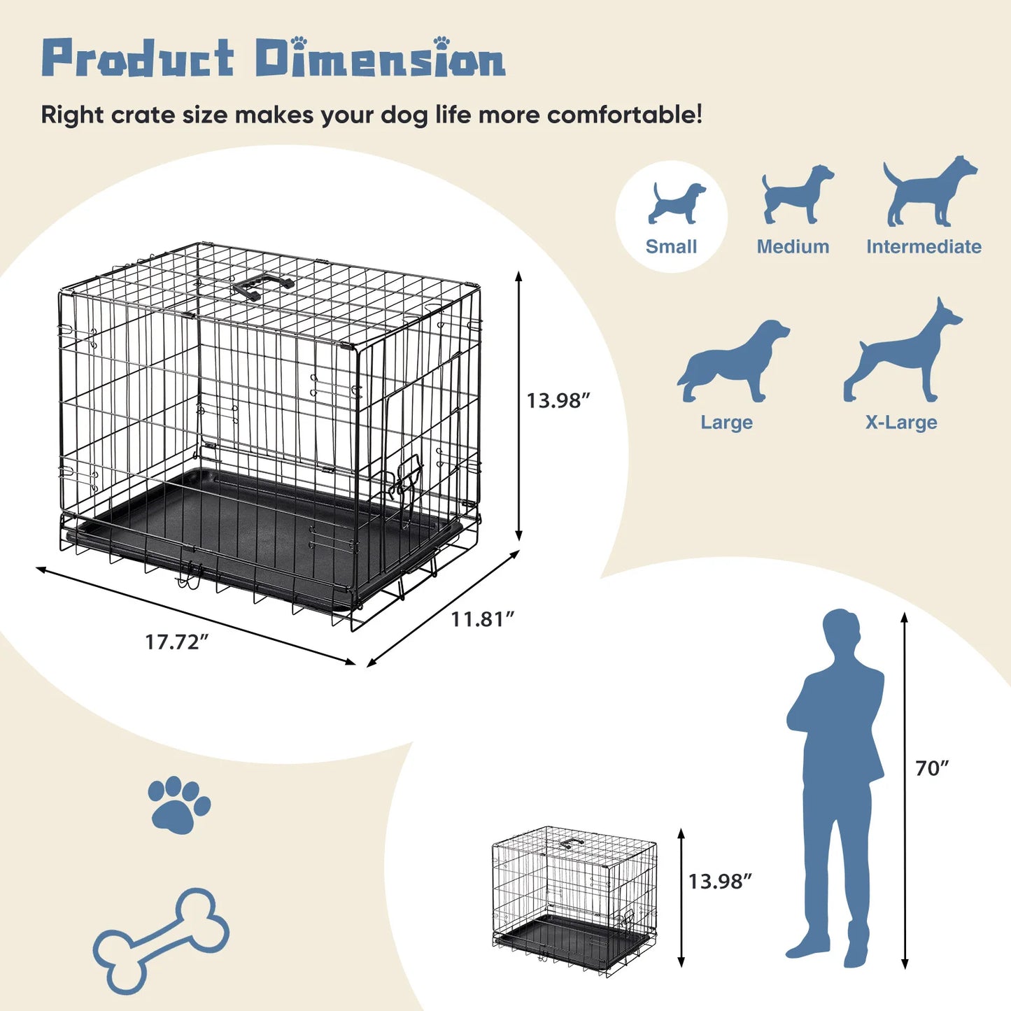 JHK 18 Inch Single Door Dog Crate Metal Pet Kennel with Secure Lock Foldable Removable Tray for Easy Cleaning Portable Puppy Cage for Small Dogs