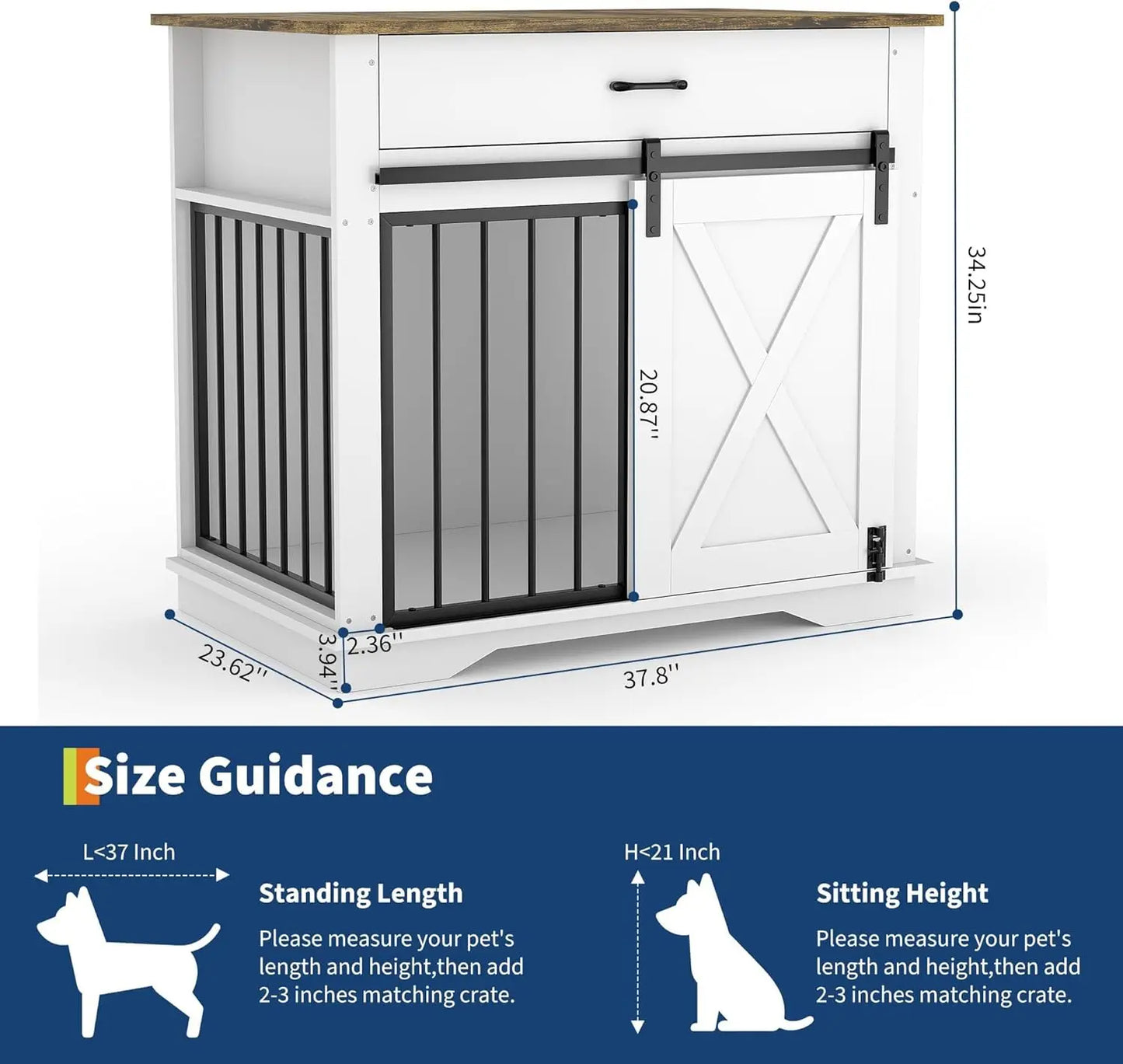 Wooden Dog Kennel with Double Doors, Sliding Barn Door and Storage Drawer, Pet Cage House End Table, Buffet Cabinet & Side Table