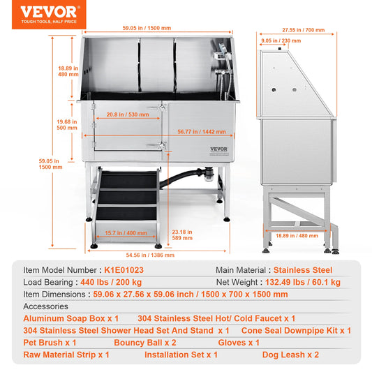 VEVOR 62" Pet Dog Grooming Tub Stainless Steel with Ramp Faucet Accessory Bathing Station for Large Small Pet Washing Sink