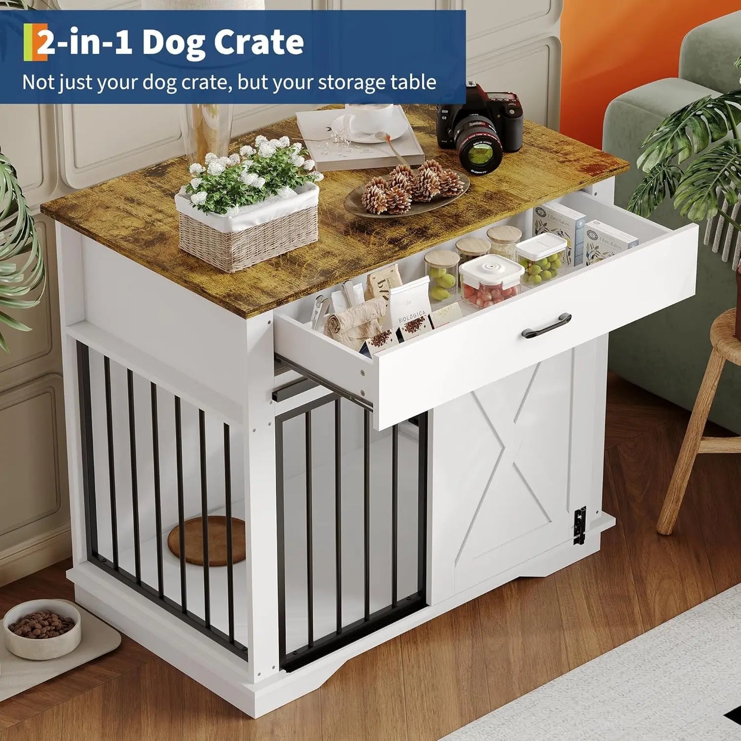Wooden Dog Kennel with Double Doors, Sliding Barn Door and Storage Drawer, Pet Cage House End Table, Buffet Cabinet & Side Table