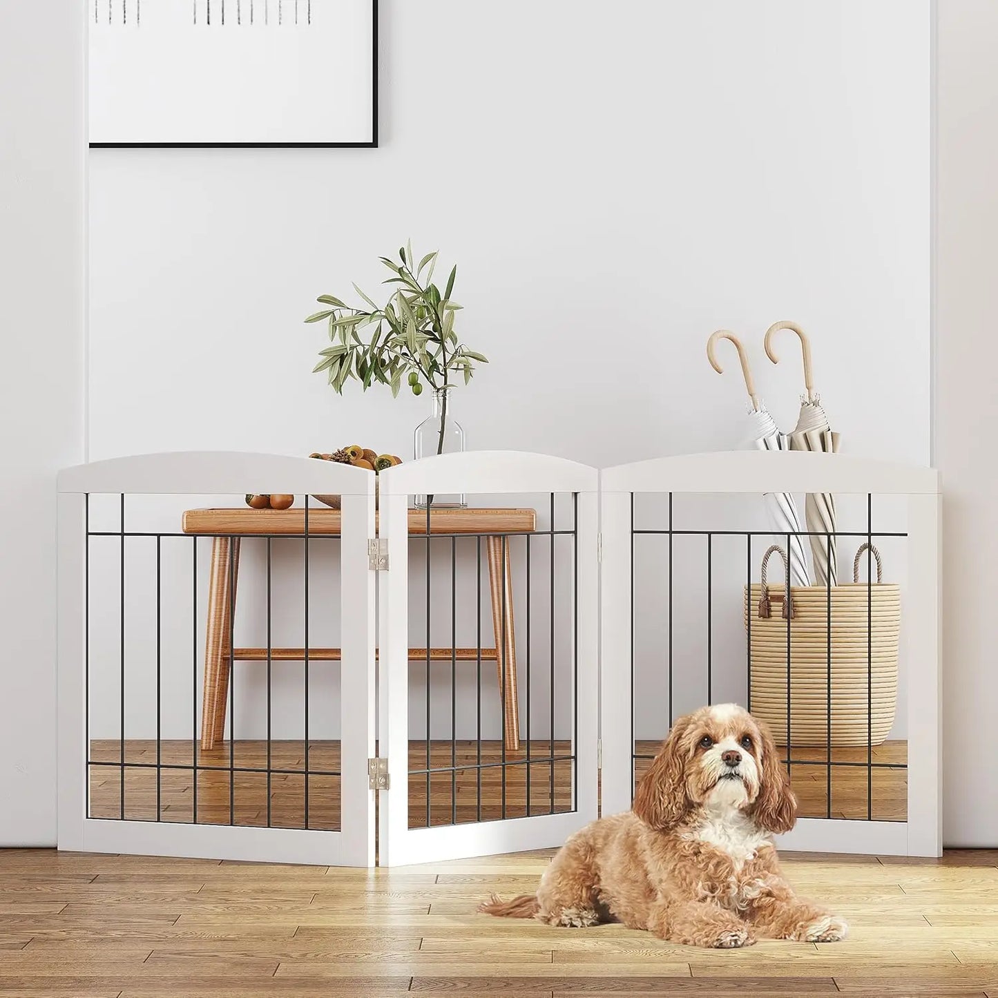Foldable Wooden Dog Gate for Stairs, Doorways, Indoor Use, 60"W x 24"H, 3 Panels, White