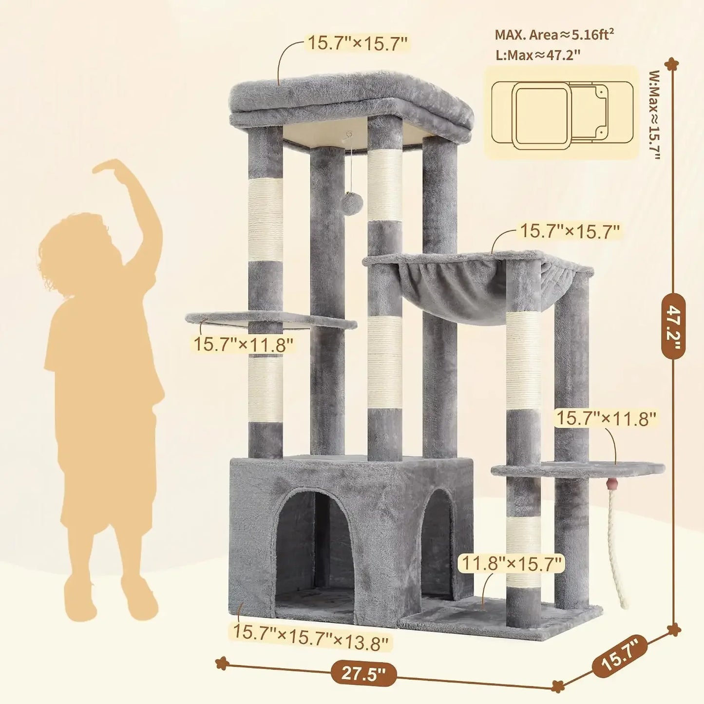 Heavy Duty Cat Tree for Large Cats, Tall Cat Condo with Extra-Large Base, Multi-Level Plush Furniture, Scratching Posts, Hammock, Toy Balls, Light Gray