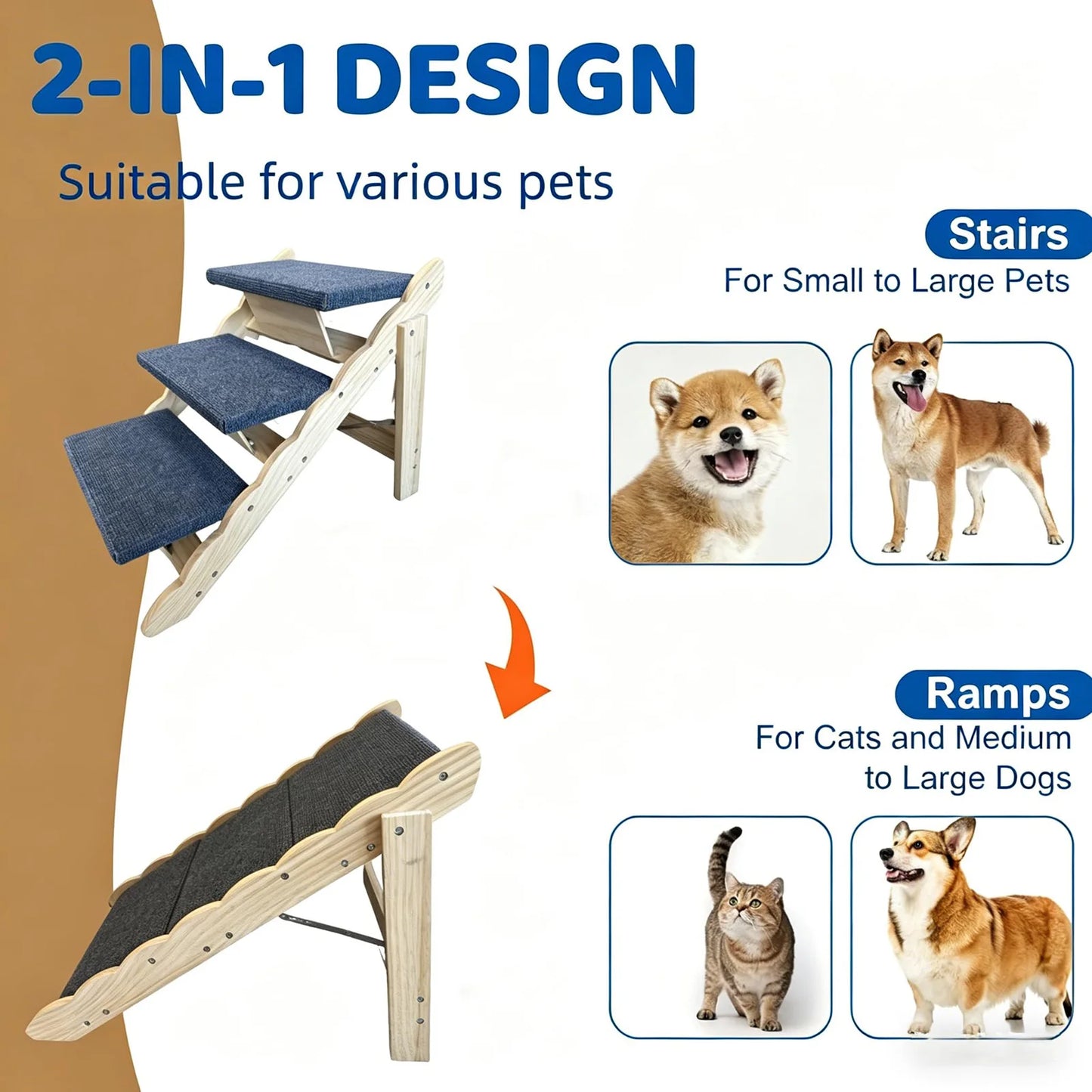 2-in-1 Wooden Pet Stairs & Folding Dog Ramp 3/4 Step Anti-Slip Ladder For High Beds Cars Indoor Cats Dogs Support Up To 150lbs