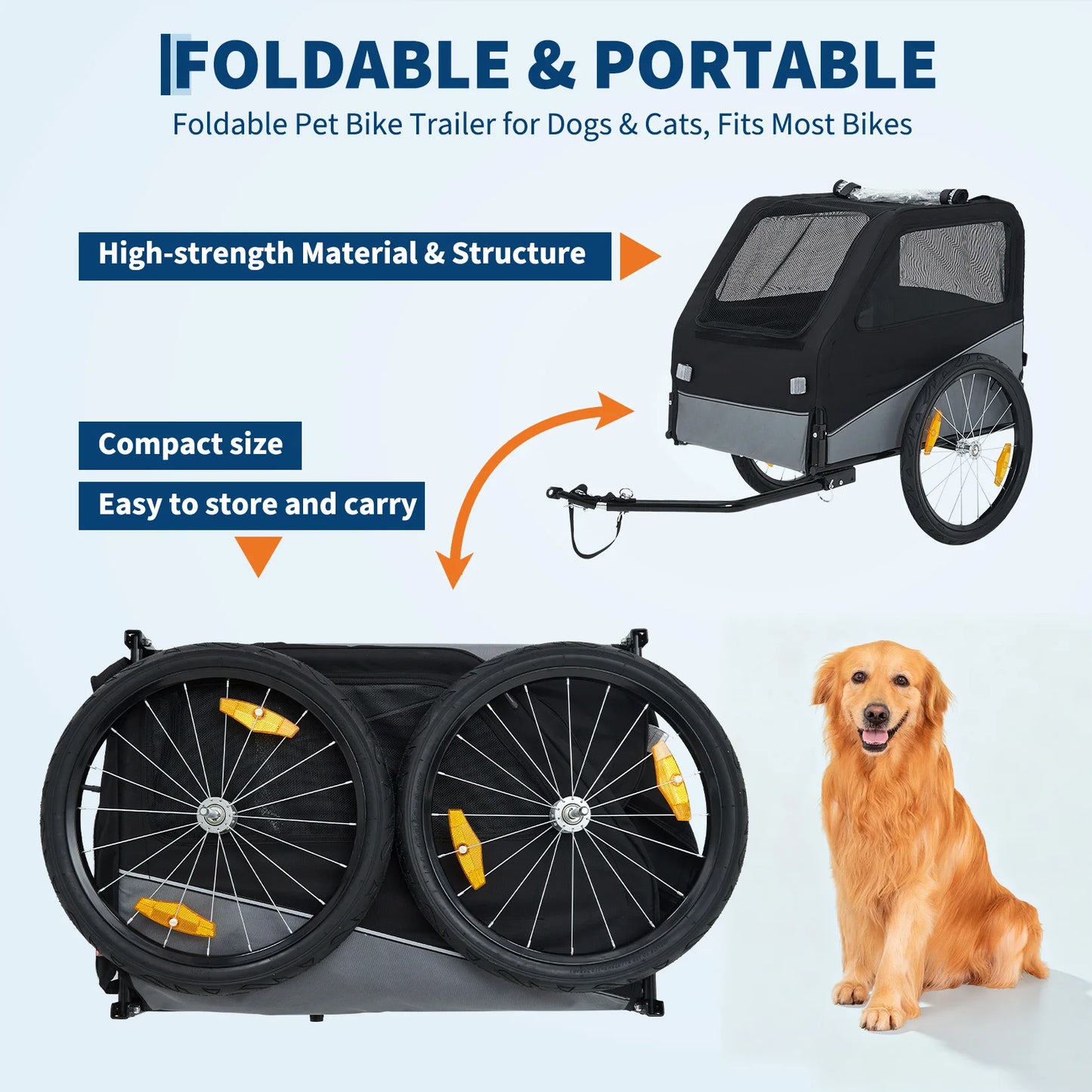 Foldable Dog Bike Trailer, Heavy Duty Steel Frame Pet Bike Carrier, 100 LBS Capacity Oxford Fabric Dog Carrier Bicycle Trailer with Mesh Window Reflectors for Medium Large Dogs & Cats, Black