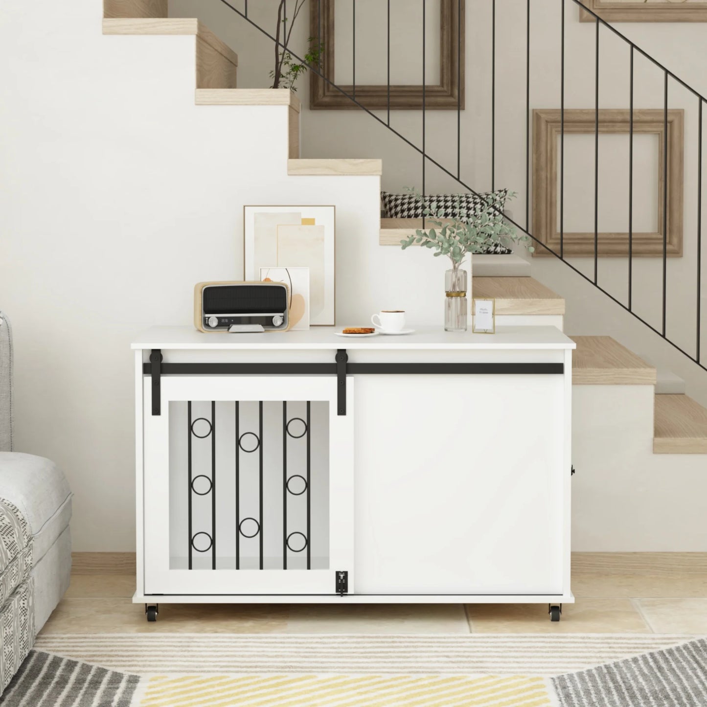Modern Wooden Dog Crate Furniture End Table with Sliding Barn Door & Side Access, White Pet Kennel with Metal Bars & Lockable Wheels for Small Medium Dogs